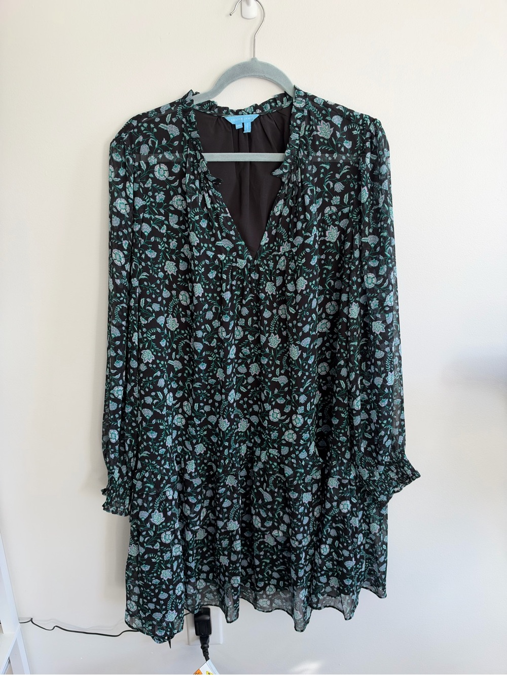 Draper James Black Floral V-Neck Long Sleeve Dress - Teal Pattern